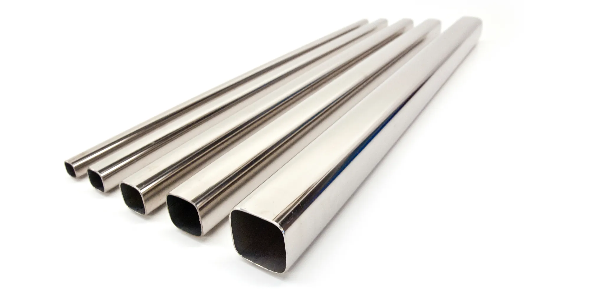 Multiple sizes of stainless steel radiused square tubing with a mirrored finish