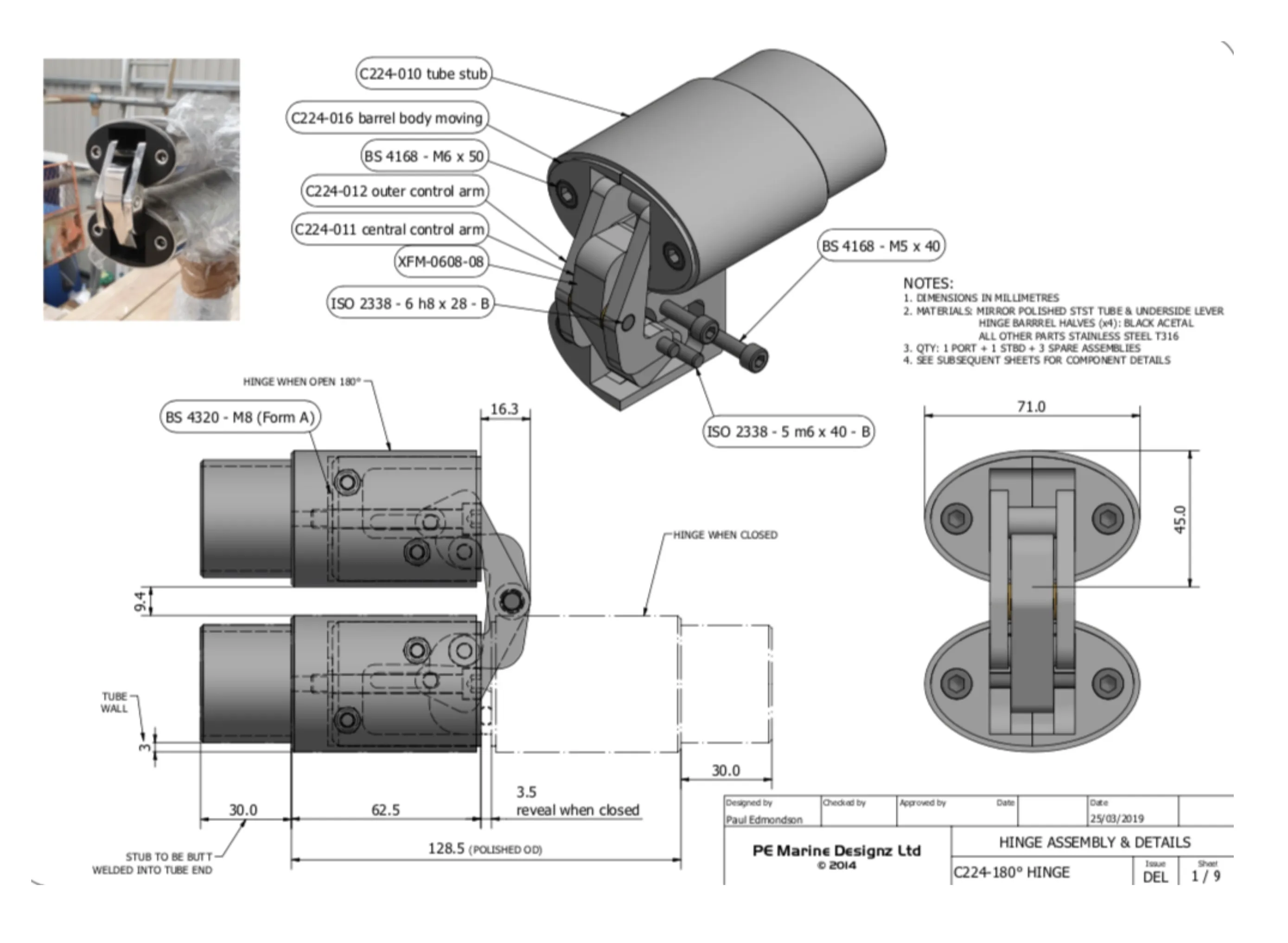 Disegno tecnico di una cerniera in tubo metallico per applicazioni marine