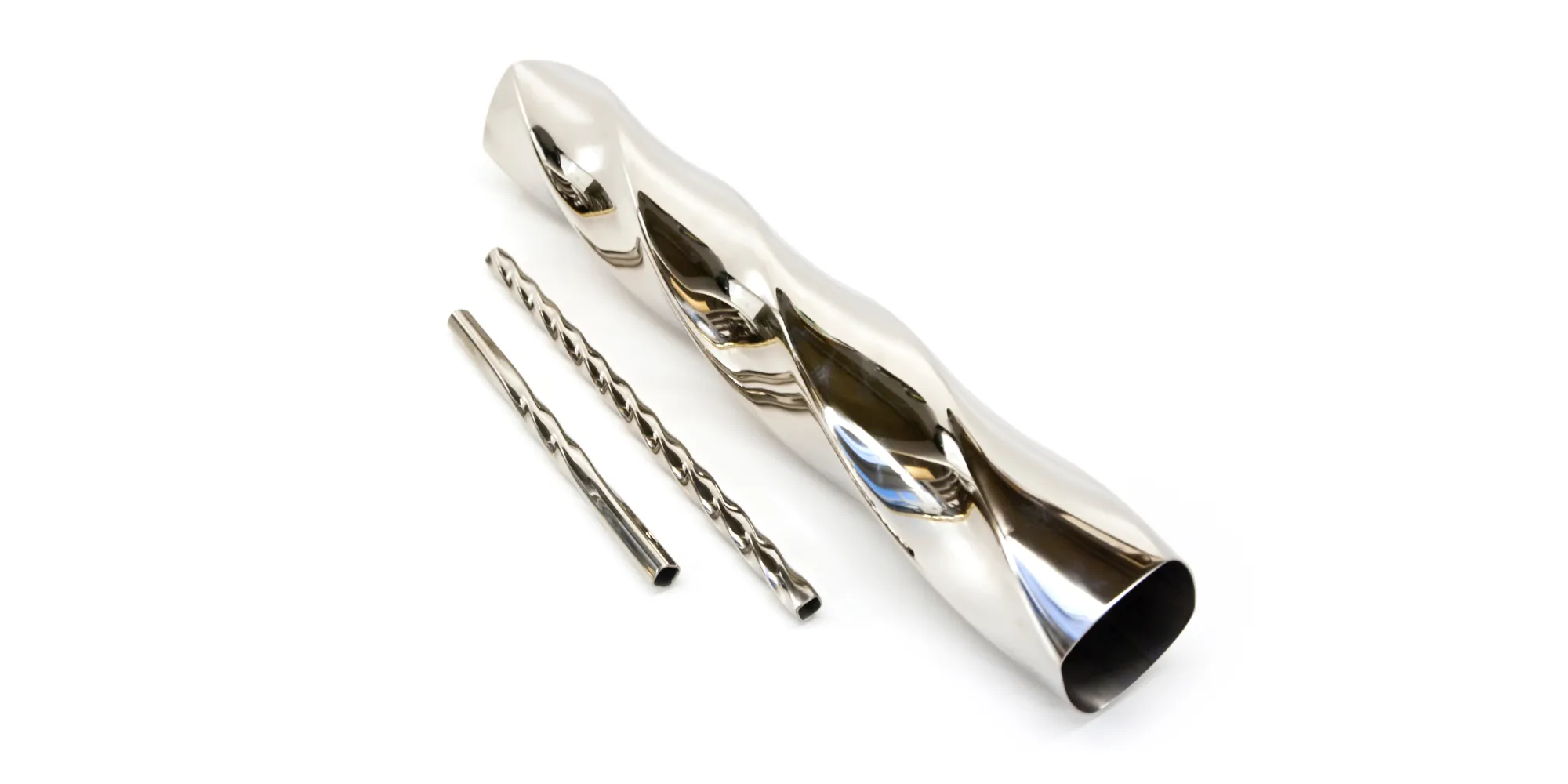 multiple sizes of stainless steel teisted square tubing, all in a mirrored polish
